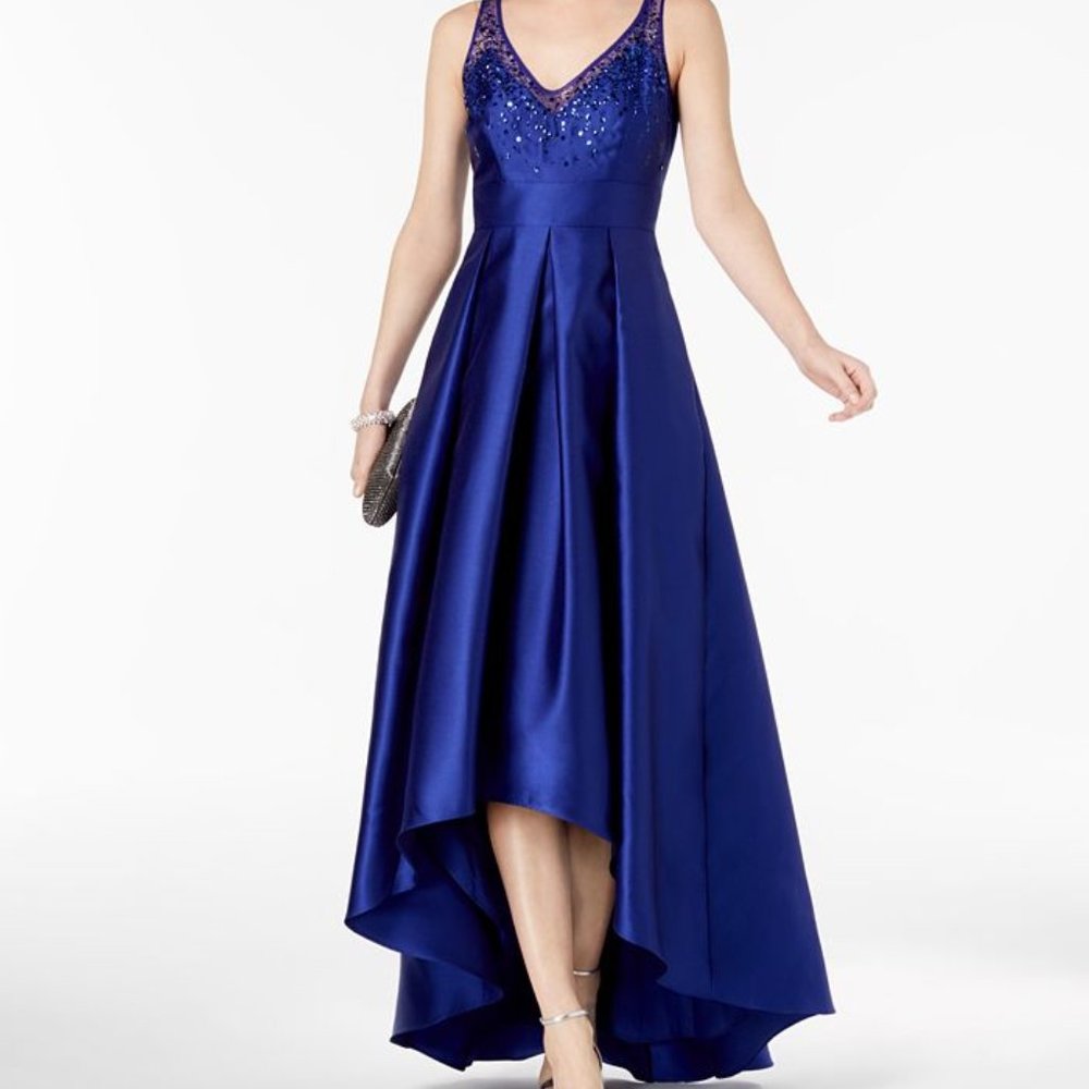 Adrianna Papell Blue Beaded Mikado Satin Gown